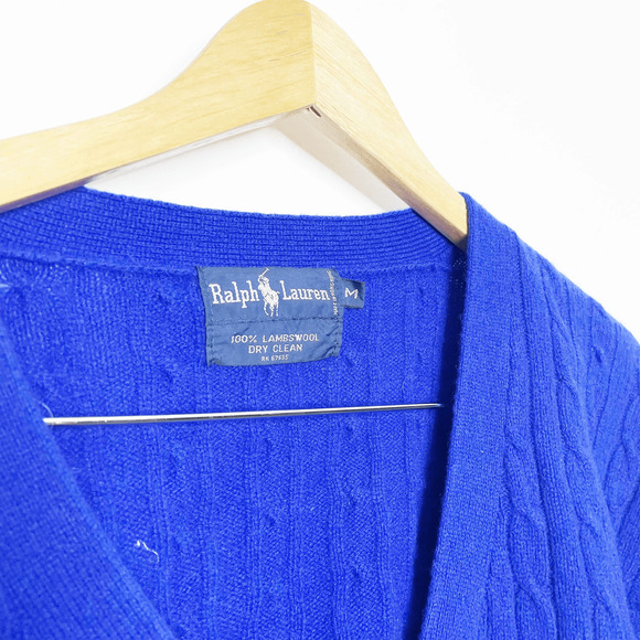 Vintage 80s Ralph Lauren 100% Lambswool Royal blue cardigan sweater womens M - Picture 3 of 4